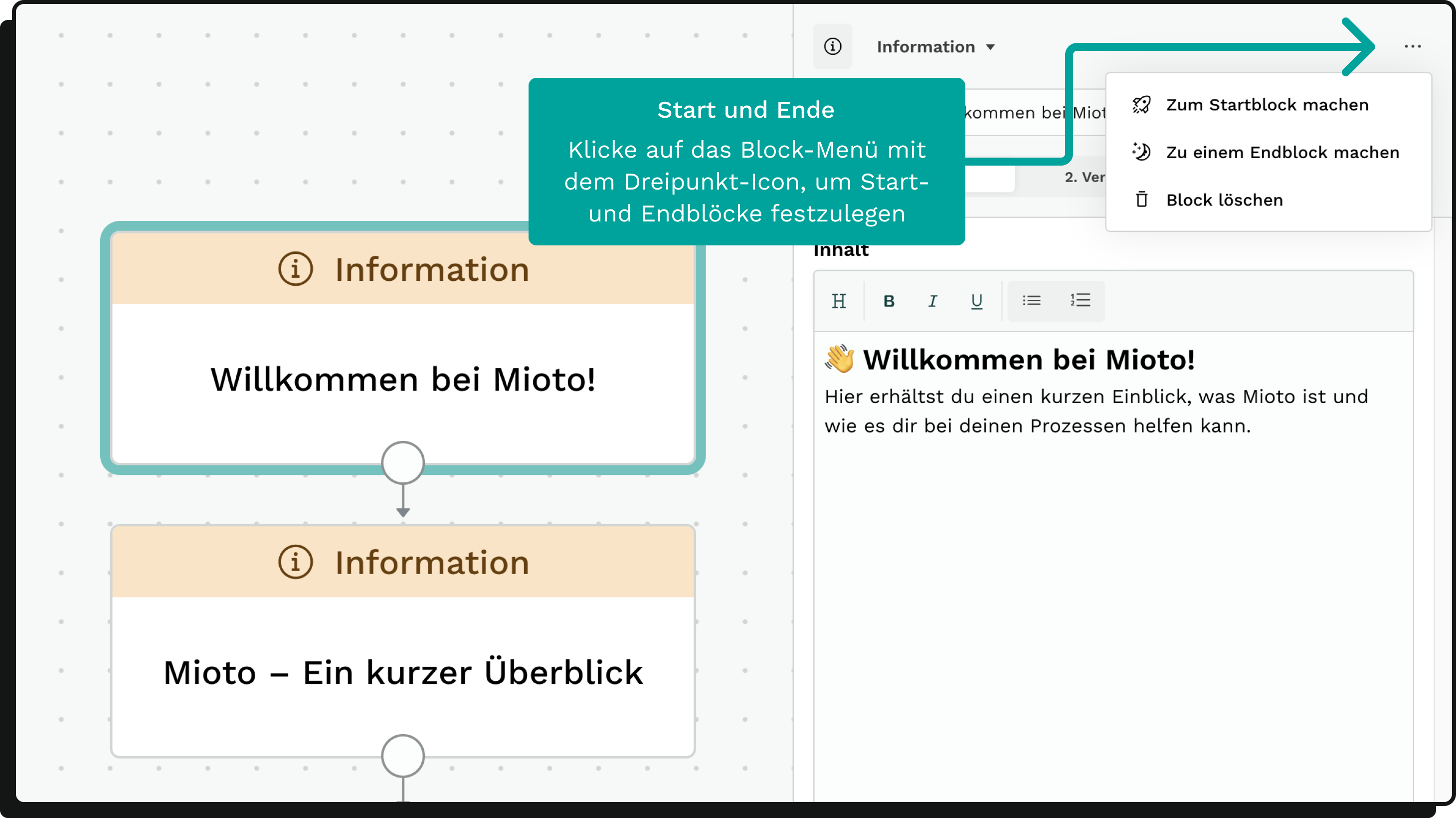 Klicke auf das Block-Menü mit dem Dreipunkt-Icon, um Start- und Endblöcke festzulegen