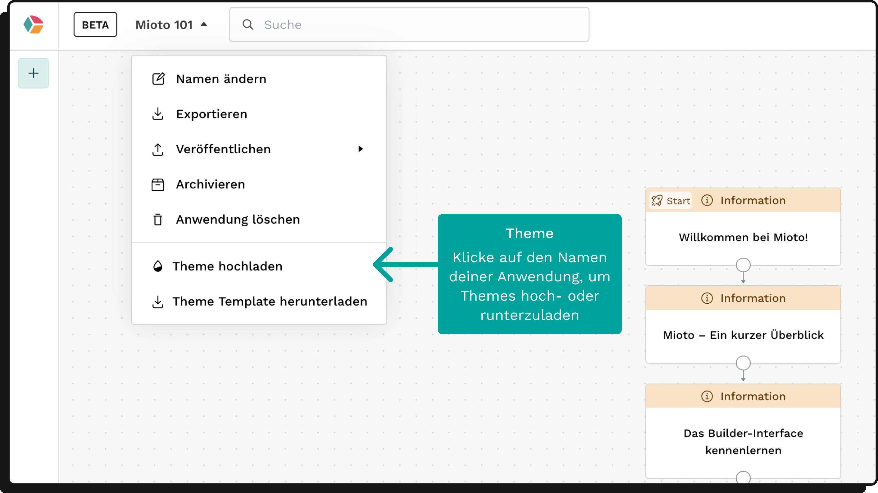 Klicke auf den Namen deiner Anwendung, um Themes hoch- oder runterzuladen